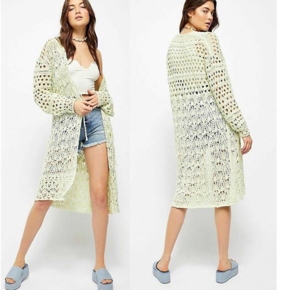 Free People Sweaters - NEW FREE PEOPLE Sweet Talker Long Crochet Cardigan SWEATER SIZE XS HONEYDEW